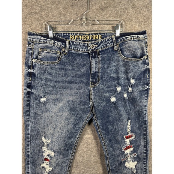 Rutherford Flex Skinny Fit Distressed Jeans Red Plaid Patches Men's Size 38 - Picture 1 of 8